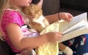 Little Girl Telling Her Cat A Bedtime Story
