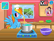 Rainbow Dash cooking M and M cake